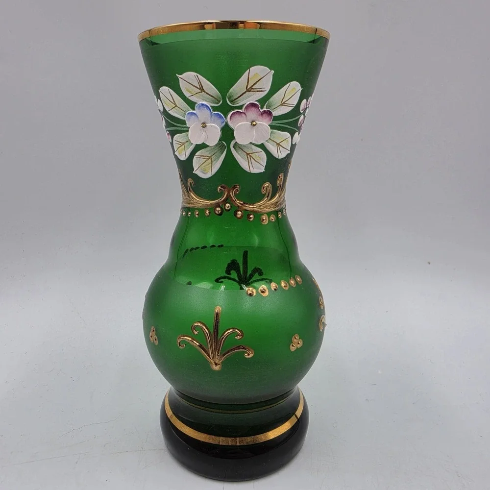 Vtg Cristal de Boheme Czech Emerald Green Glass Vase Hand Painted Floral Gold 6